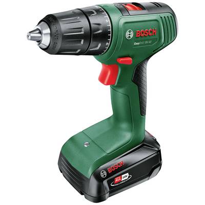 Zielony akumulatorowy wkrętark Bosch z czerwonym przełącznikiem, model 'EasyDrill 18V-40', sfotografowany z boku.