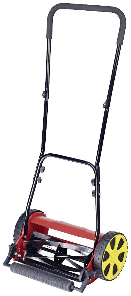 Czerwony mechaniczny wózek tnący z żółtymi kołami i czarną rączką. Idealny do ręcznego koszenia trawy.