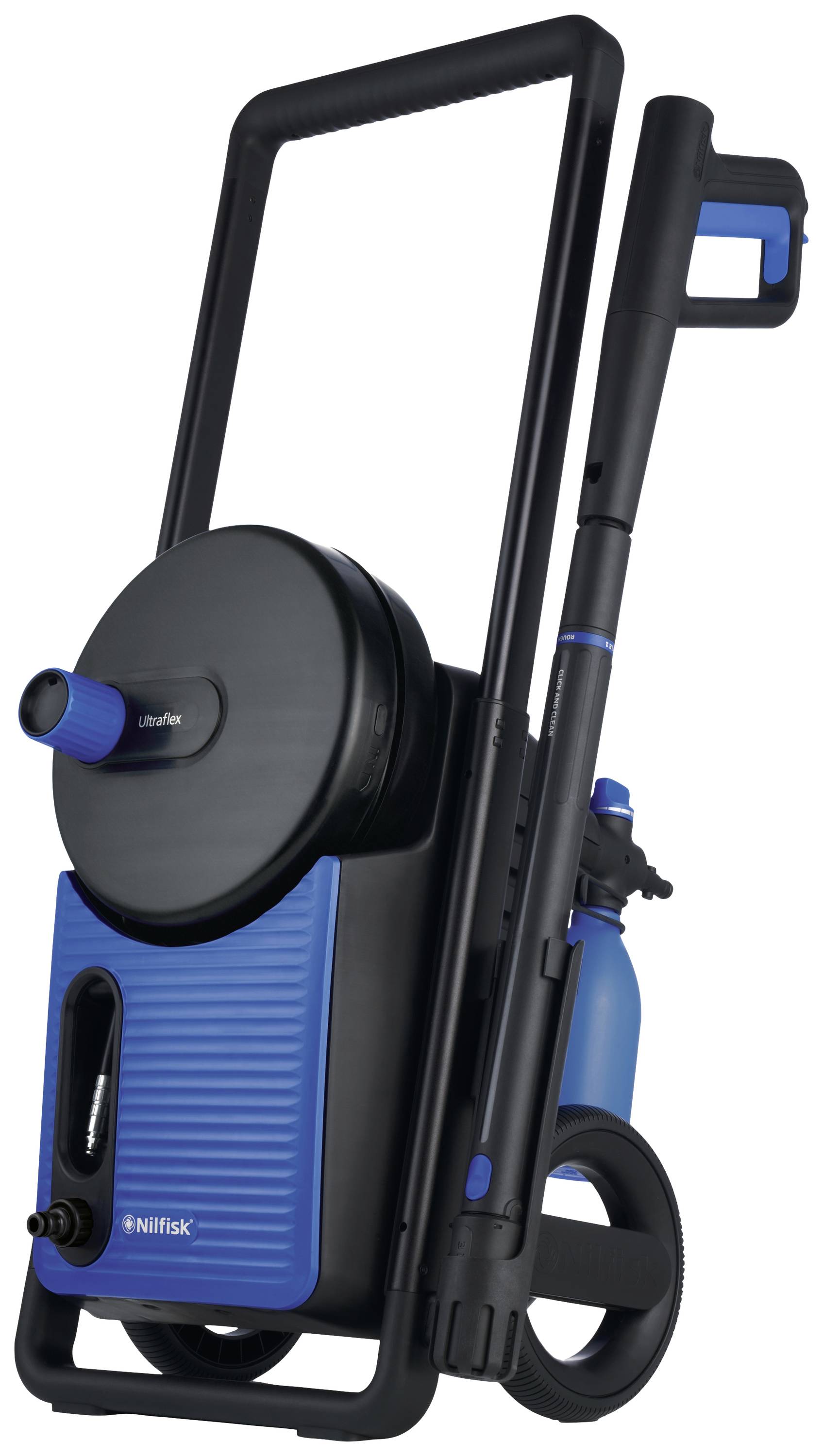 Niebieski myjka ciśnieniowa z czarną ramą i kółkami. Wyposażona w bęben magazynowy i uchwyt umożliwiający łatwe przemieszczanie.