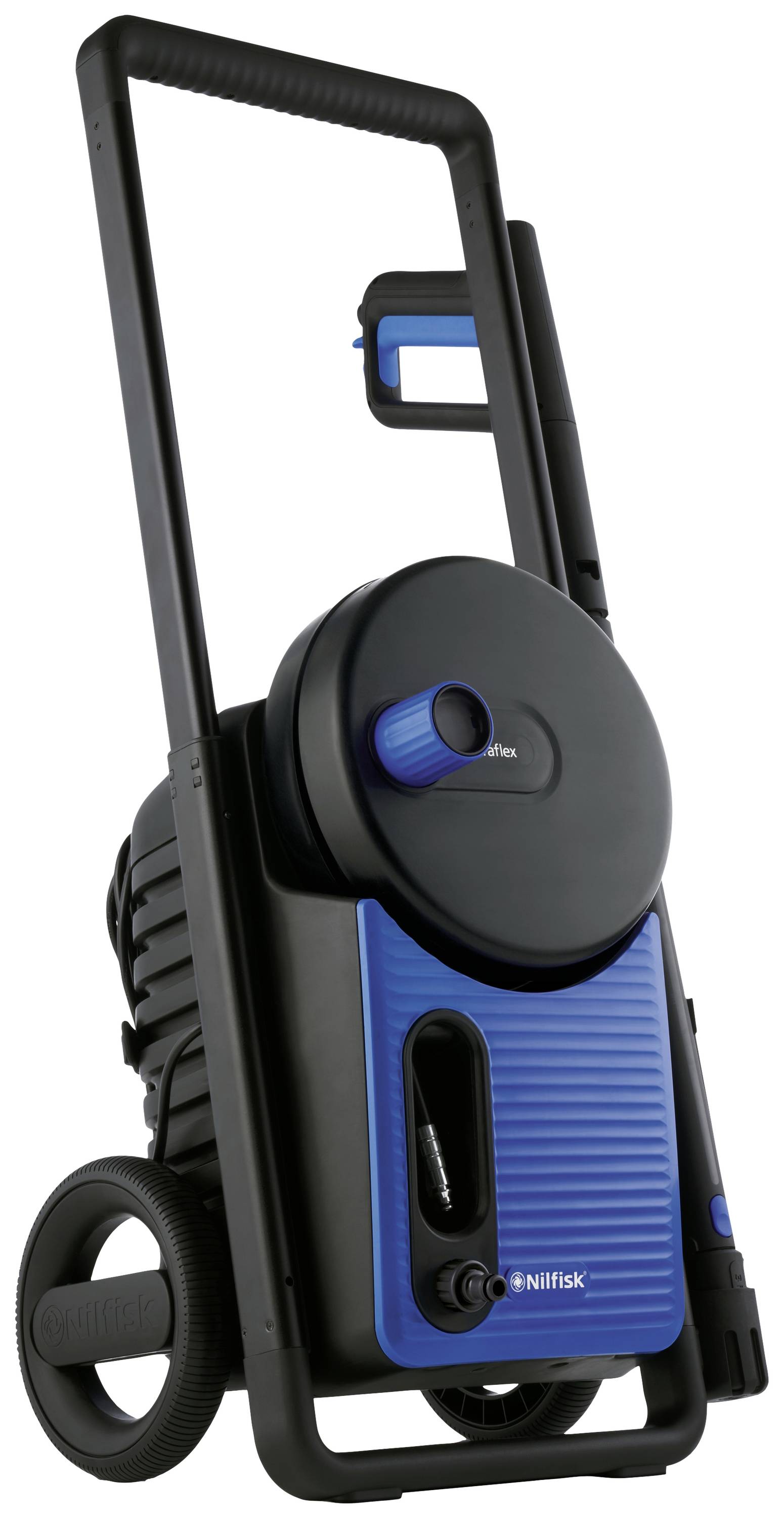Myjka ciśnieniowa na kółkach, marka Nilfisk. Czarno-niebieski design, kompaktowa budowa. Odpowiednia do prac czyszczących na zewnątrz.