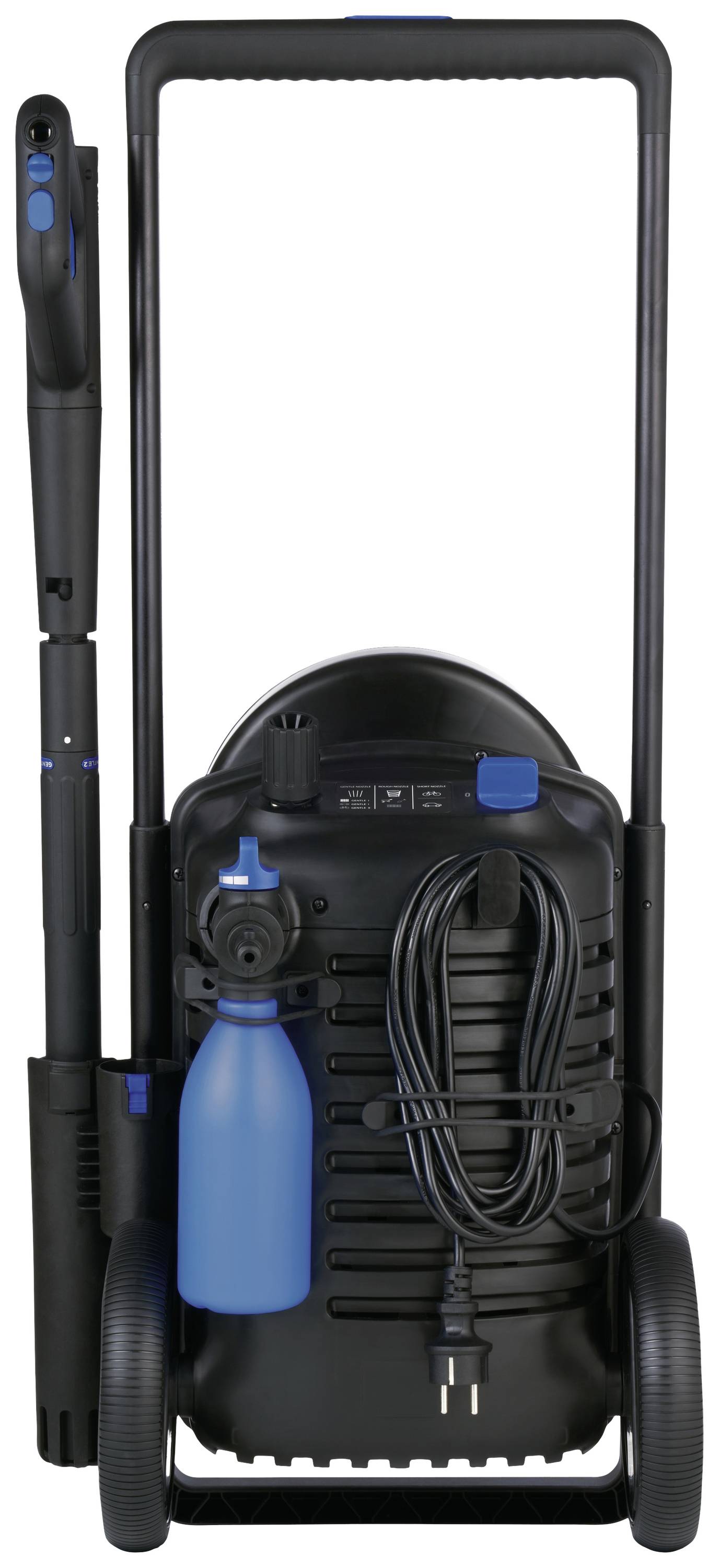 Myjka ciśnieniowa z niebieską butelką ze spryskiwaczem i nawijką kabla na kółkach, odpowiednia do prac czyszczących na zewnątrz.