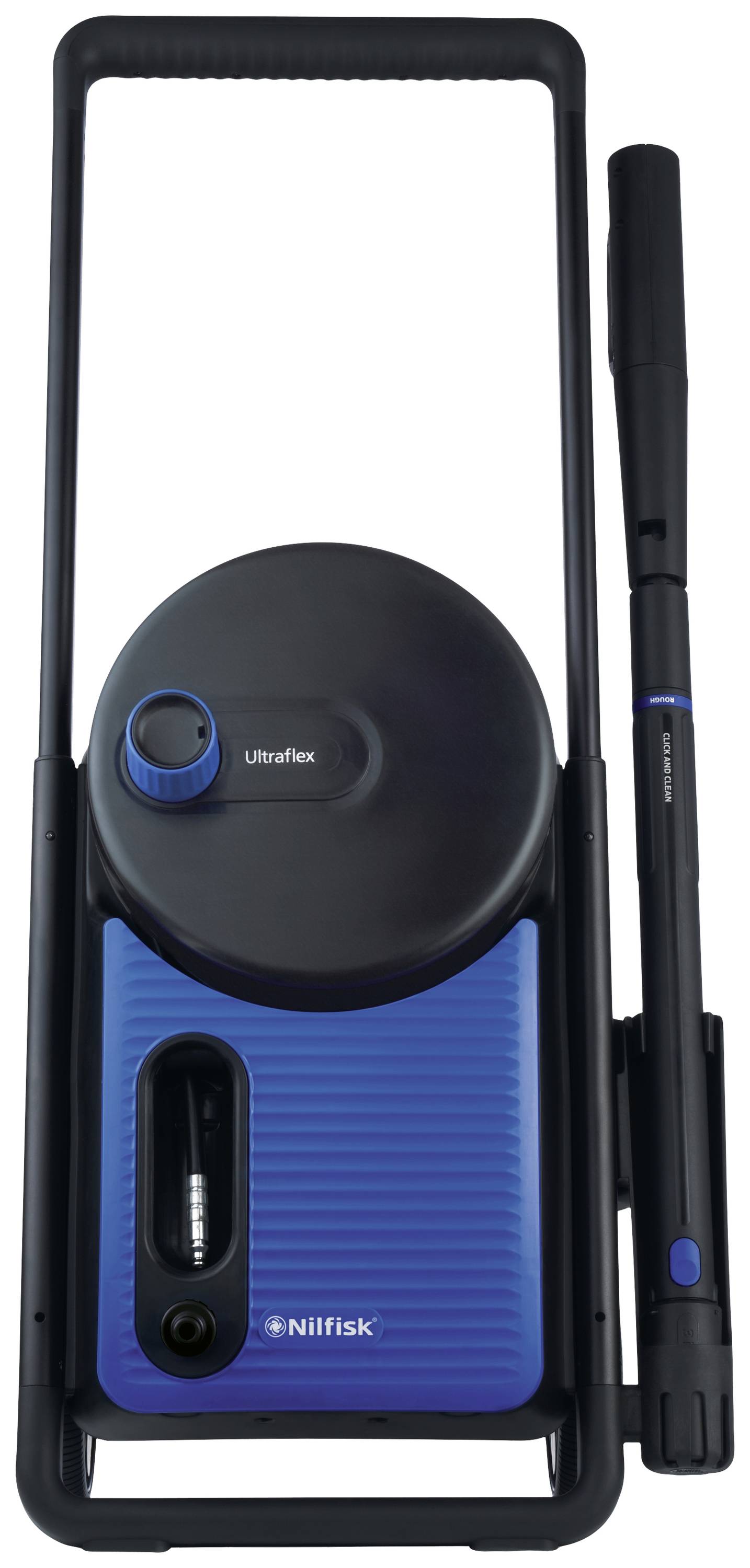 Przenośna myjka ciśnieniowa, w kolorze niebieskim i czarnym, o smukłej konstrukcji i oznaczonej rękojeści dla łatwej obsługi.