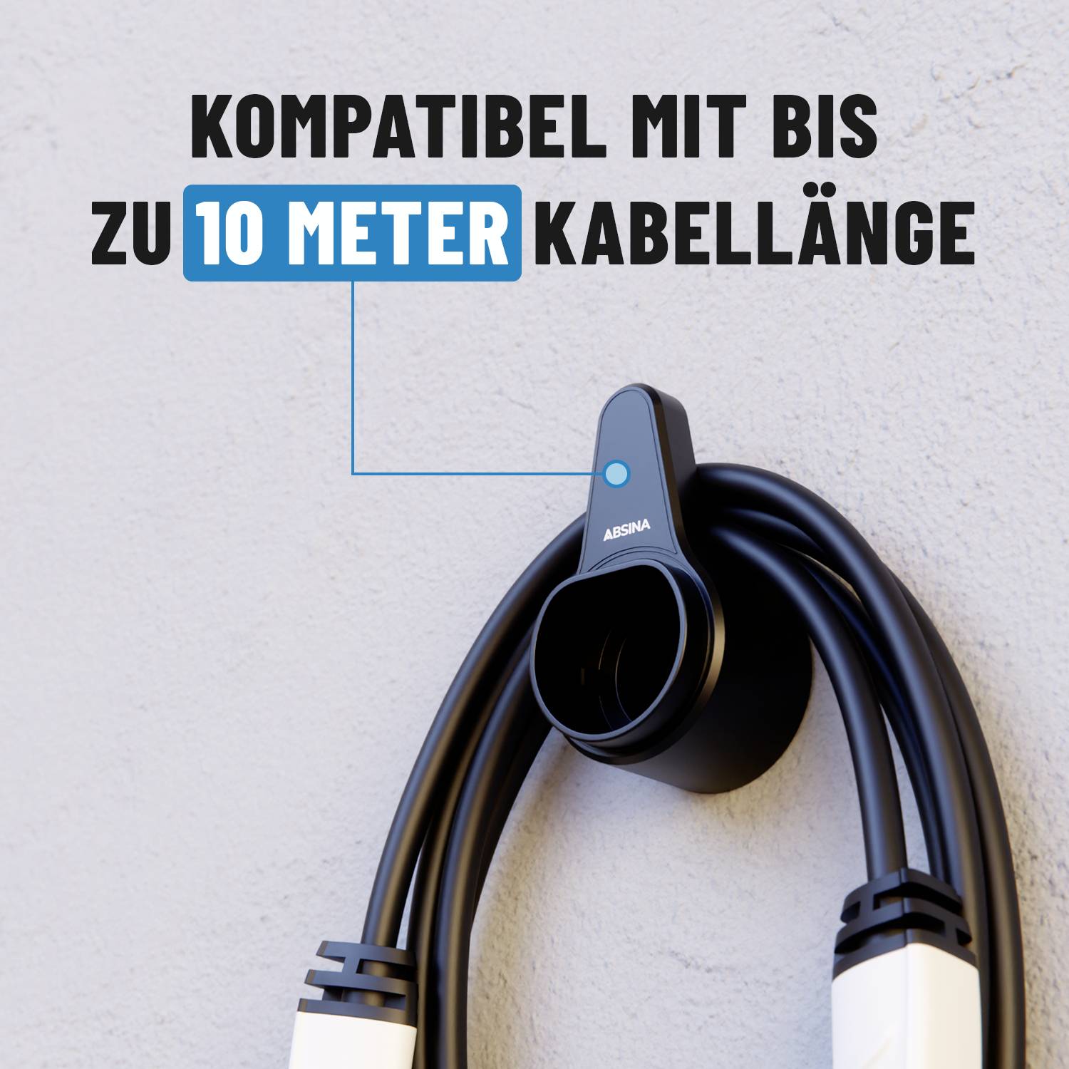 Przewód ładujący z napisem: 'Kompatybilny z długością kabla do 10 metrów'.