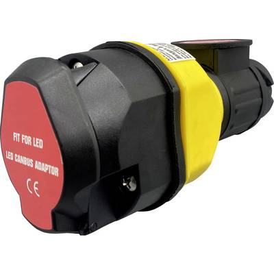 Adapter z napisem 'Fit for LED, Adapter LED CANBUS'. Czarna obudowa z żółtą osłoną, widoczny znak CE.