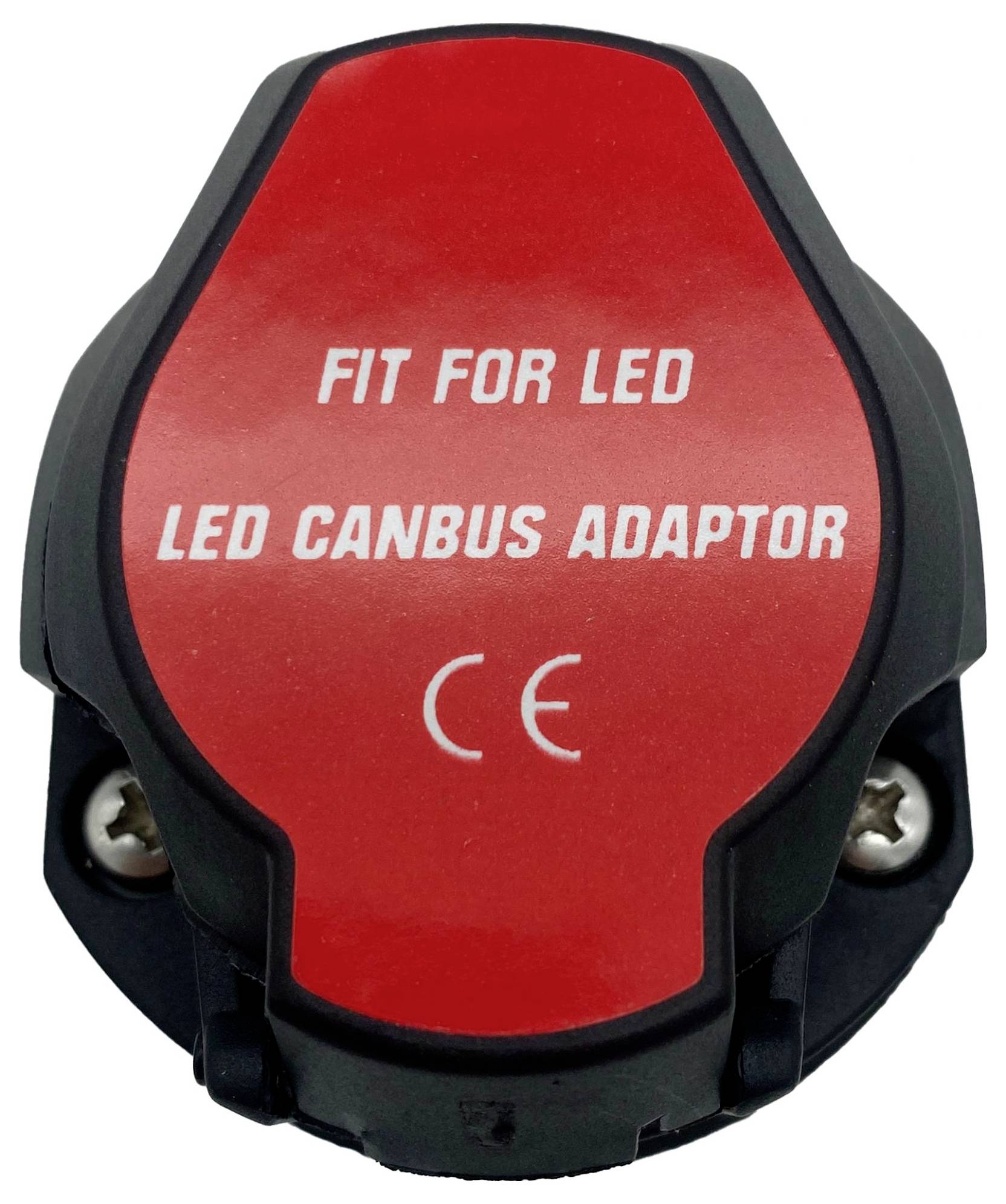 Czerwony adapter Canbus LED z białym tekstem 'Fit for LED' i 'LED Canbus Adaptor', oznaczenie CE poniżej.