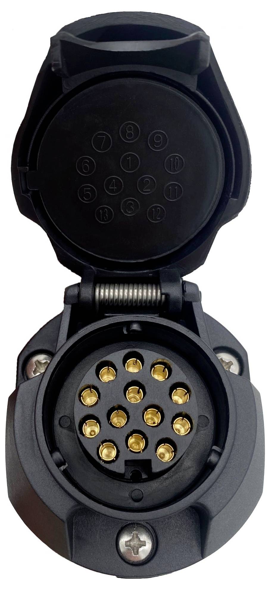 Otwarty okrągły 13-stykowy wtyk przyczepy z złotymi stykami zamontowany w czarnej obudowie z tworzywa sztucznego.