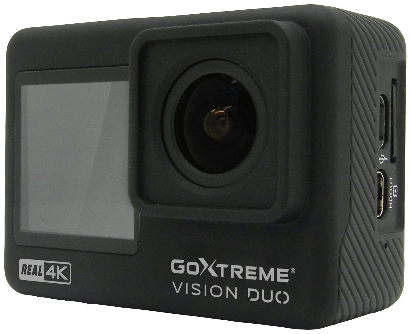 Czarna kamera sportowa, model 'GoXtreme Vision Duo', z rozdzielczością 4K. Posiada wyświetlacz i kilka złączy.