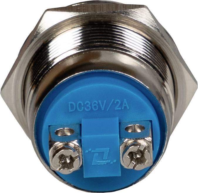 Elektroniczny przełącznik w metalowej obudowie, z niebieskim mocowaniem i oznaczeniem 'DC36V/2A'.