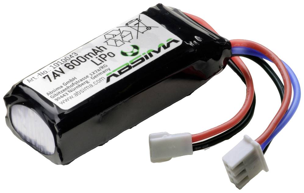Akumulator z napisem '7.4V 600mAh LiPo', czarna obudowa, czerwone i niebieskie przewody z białymi złączami.