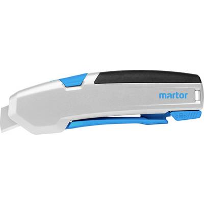 Szary-niebieski nóż bezpieczeństwa z czarną rękojeścią, nadrukowanym logo 'martor'.