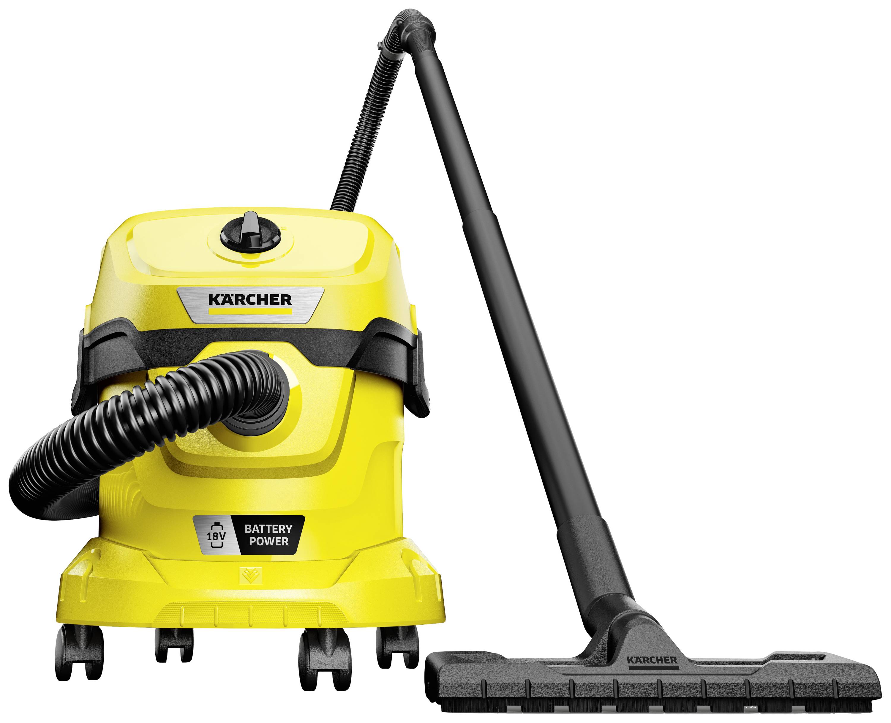 Żółty odkurzacz piorący/do czyszczenia na mokro i sucho z odłączanym wężem i szczotką do podłogi, wykonany przez znanych producenta sprzętu czyszczącego.