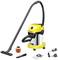 Żółty odkurzacz piorący/do czyszczenia na mokro z akcesoriami, w tym: ssawką podłogową, filtrem, końcówką do szczelin, workiem na kurz i przewodem zasilającym.