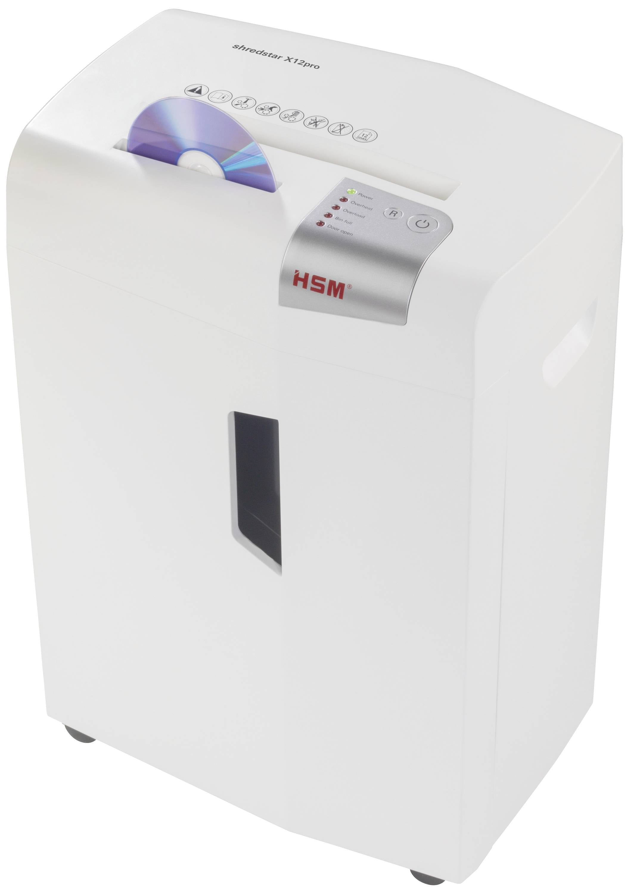 Biały niszczarka dokumentów i płyt CD marki 'HSM', przeznaczona do bezpiecznego niszczenia dokumentów i nośników optycznych.
