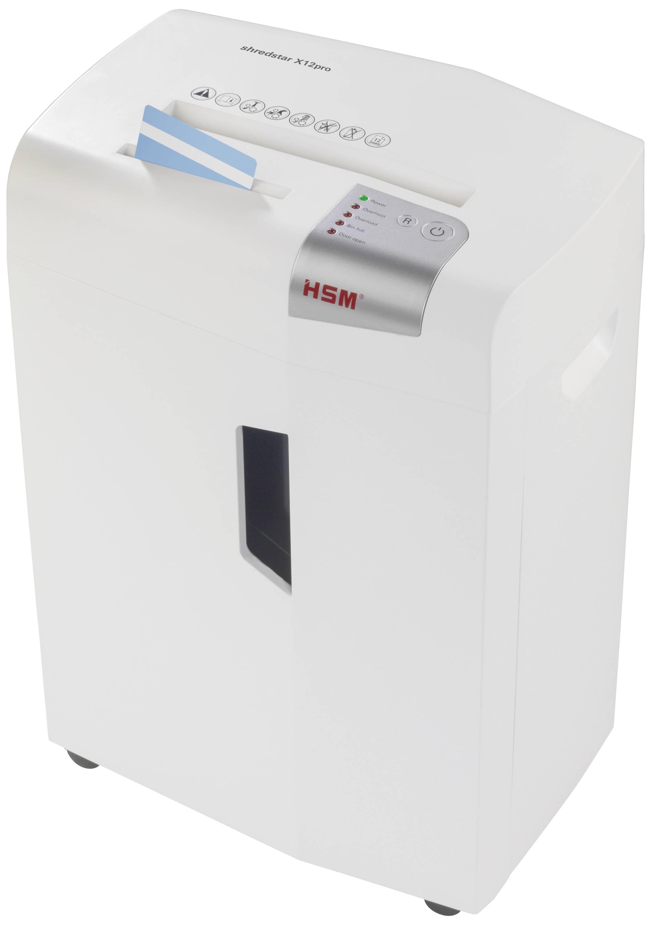 Niszczarka biurowa w trakcie pracy, z paskami papieru, kontrolki świecą się na zielono, wskazując prawidłowe funkcjonowanie.