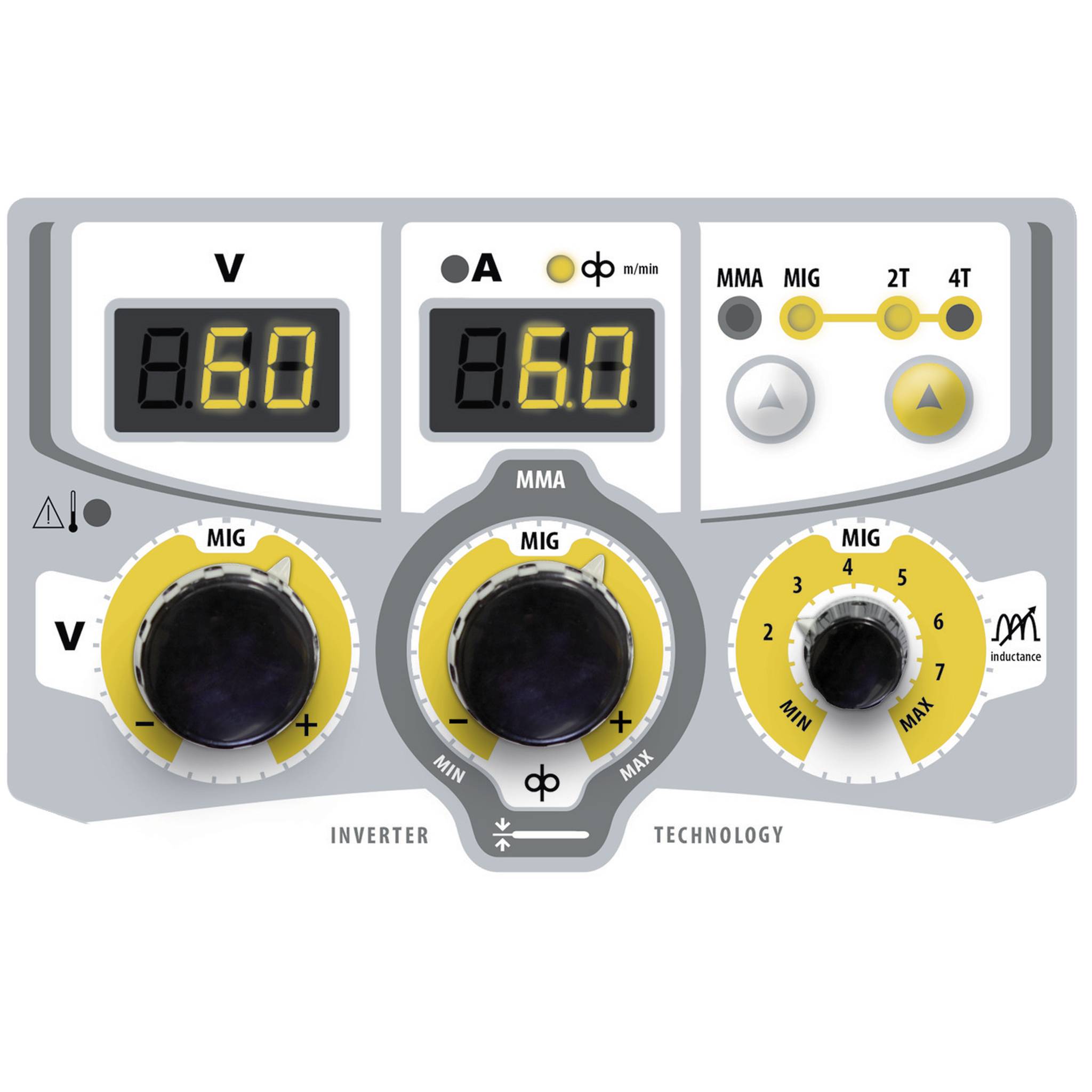 Panel sterujący z cyfrowymi wyświetlaczami napięcia ('V') i natężenia prądu ('A'). Trzy pokrętła do sterowania spawaniem MIG i MMA.