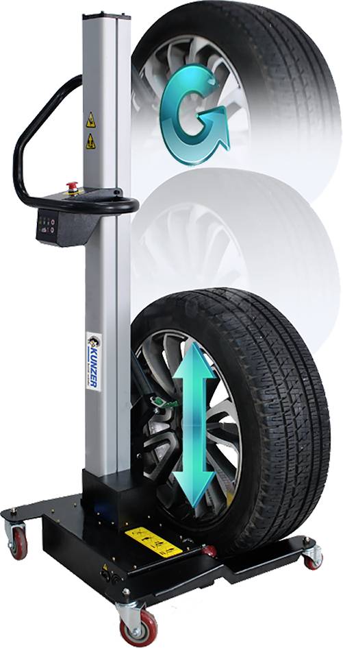 Maszyna do montażu opon z pionową funkcją podnoszenia i obracania, prezentująca koło podnoszone i obracane w pozycji pionowej.