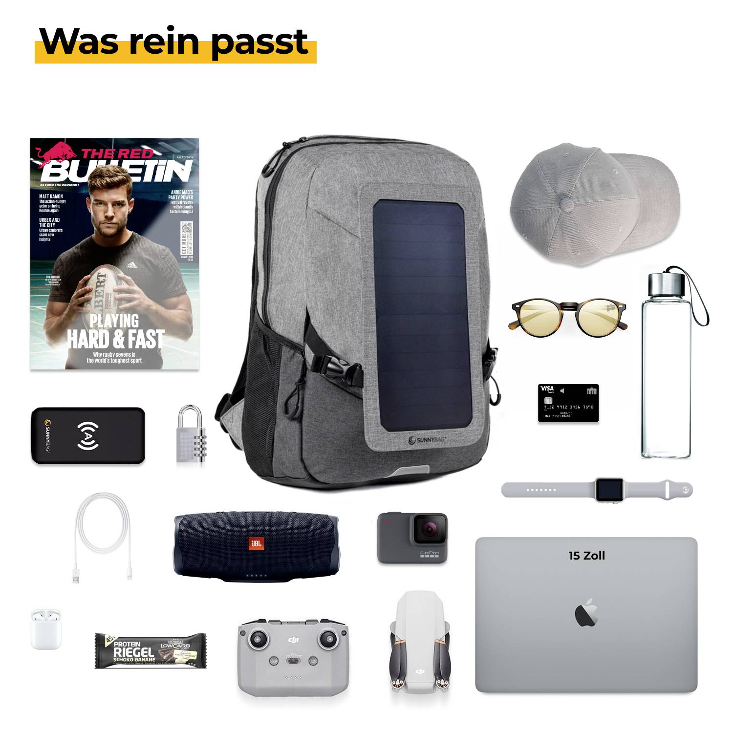 „Was rein passt" prezentuje plecak z panelem słonecznym, otoczony akcesoriami takimi jak magazyn, laptop, słuchawki, aparat fotograficzny, bidon i okulary przeciwsłoneczne.