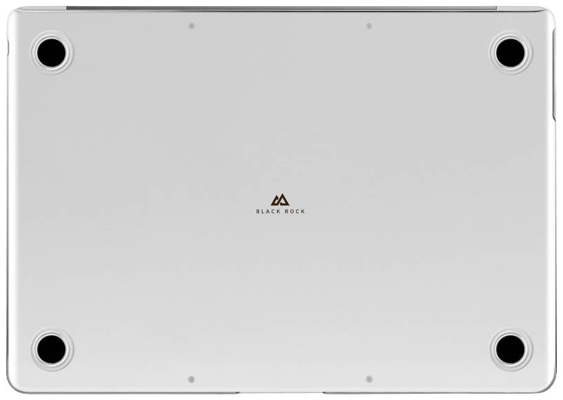 Spód laptopa z czterema okrągłymi gumowymi stopkami i napisem 'Black Rock' pośrodku, na białym tle.