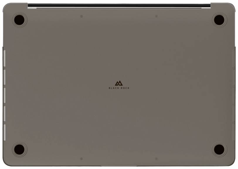 Laptop widziany od dołu z czterema okrągłymi gumowymi stopkami w narożnikach oraz logo 'BLACK ROCK' pośrodku.