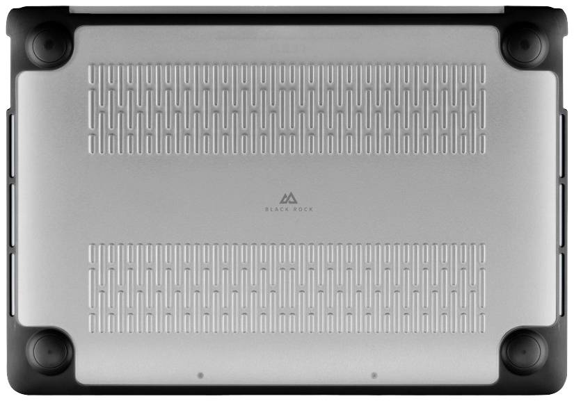 Spód laptopa jest pokryty srebrną obudową ochronną. Widoczne są gumowane narożniki oraz centralne logo.