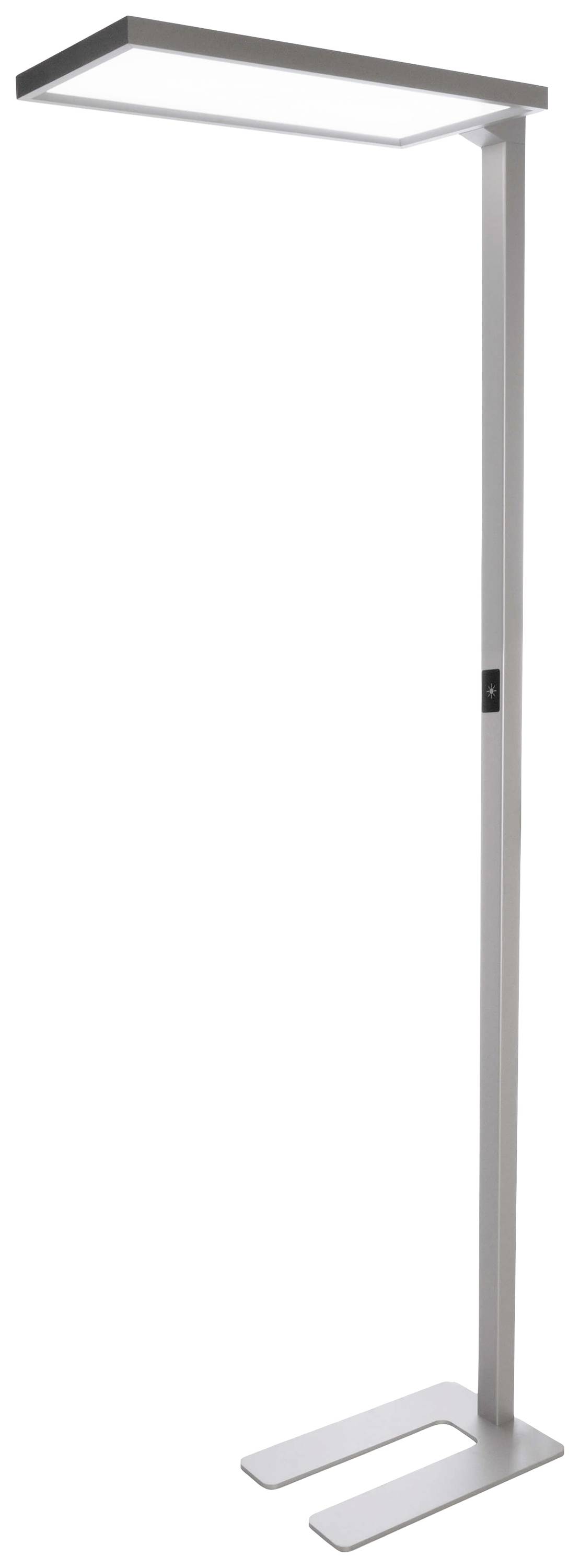 Stojąca lampa LED z prostokątną, płaską głowicą o nowoczesnym, minimalistycznym designie.