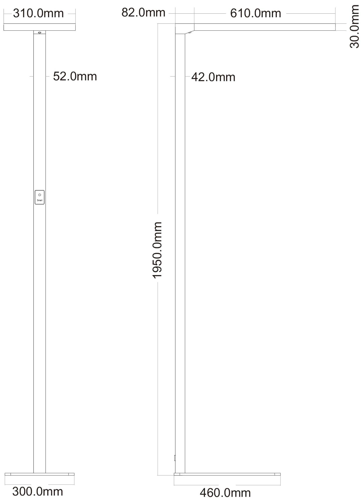 Rysunek techniczny lampy stojącej z wymiarami: wysokość 1950 mm, szerokość 310 mm i 610 mm, głębokość 300 mm i 460 mm.