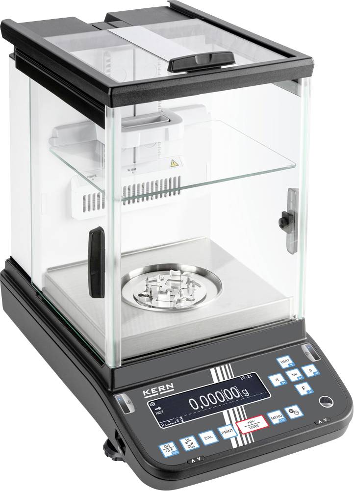 Waga precyzyjna z komorą szklaną i wyświetlaczem cyfrowym, pokazująca '0,00000 g'. Idealna do dokładnych pomiarów w laboratoriach.