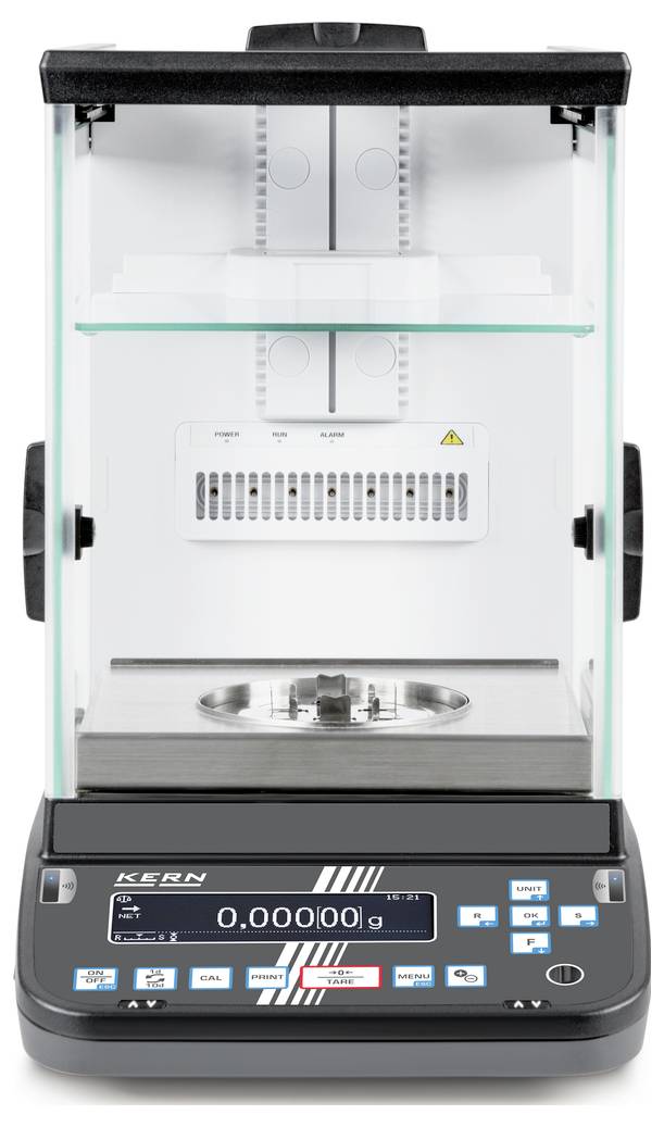 Waga precyzyjna z wyświetlaczem cyfrowym, wskazująca '0,00000 g'. Zamknięta w szklanej obudowie ochronnej z przyciskami sterującymi z przodu.