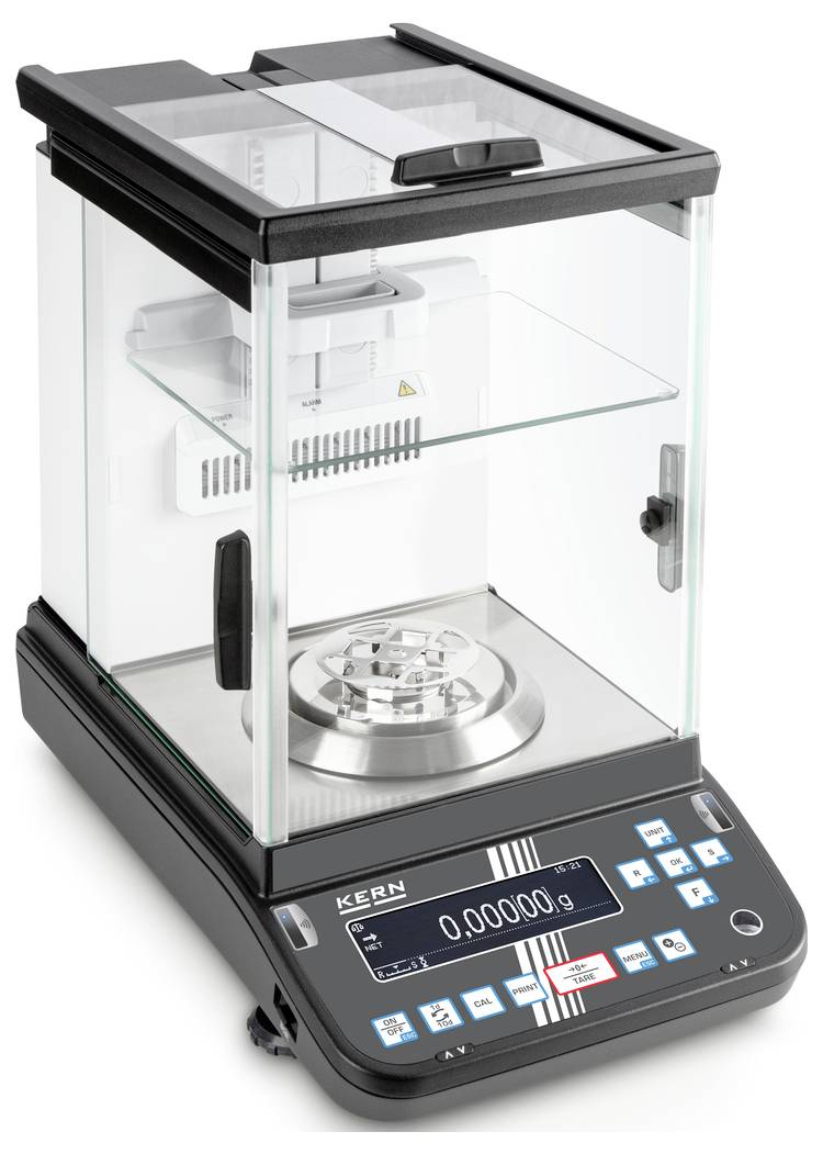 Elektroniczna waga precyzyjna z obudową szklaną, wyświetlaczem cyfrowym oraz platformą wagową ze stali nierdzewnej. Idealna do zastosowań laboratoryjnych.