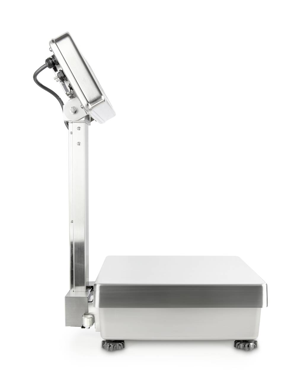 Przemysłowa waga metalowa z cyfrowym wyświetlaczem, widok z boku. Odpowiednia do precyzyjnego ważenia w zastosowaniach komercyjnych i przemysłowych.