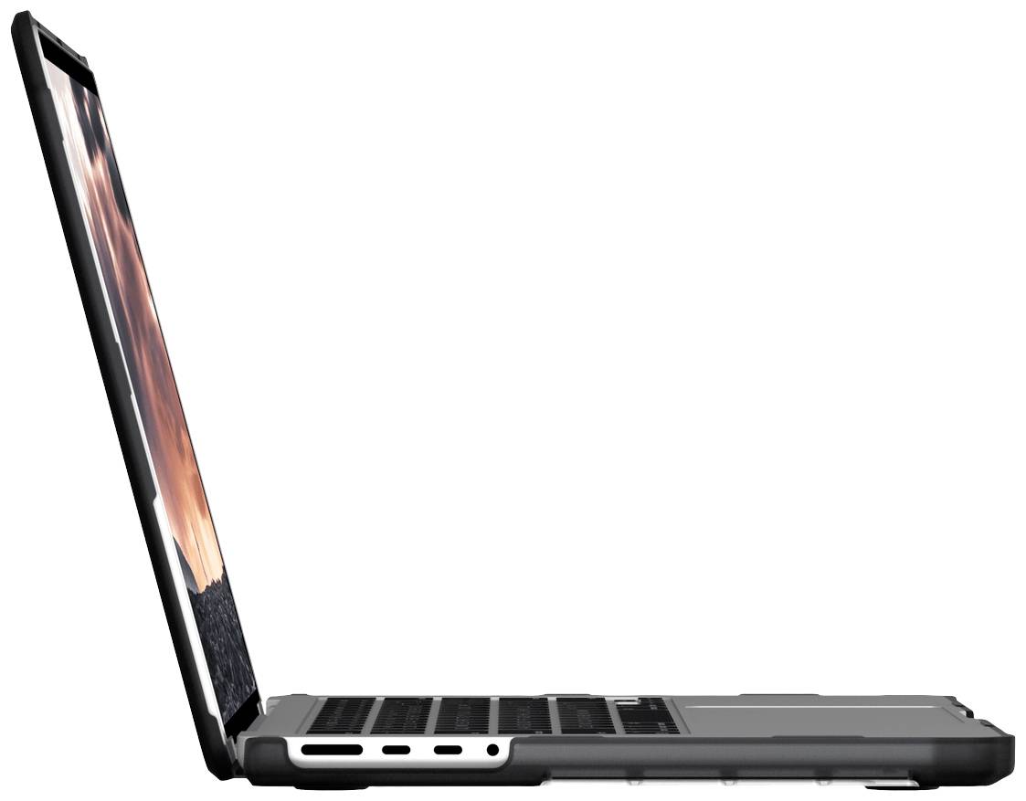 Otwarty laptop widziany z boku, wyświetlający na ekranie krajobraz. Nacisk położony na smukłą sylwetkę urządzenia i jego złącza.