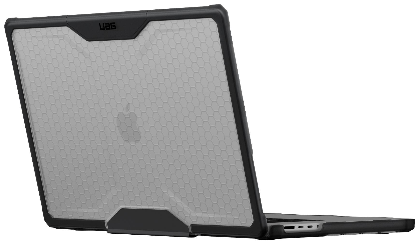 Laptop z otwartą pokrywą jest wyposażony w szare, heksagonalne etui ochronne. Obudowa posiada czarne krawędzie i zabezpiecza urządzenie.