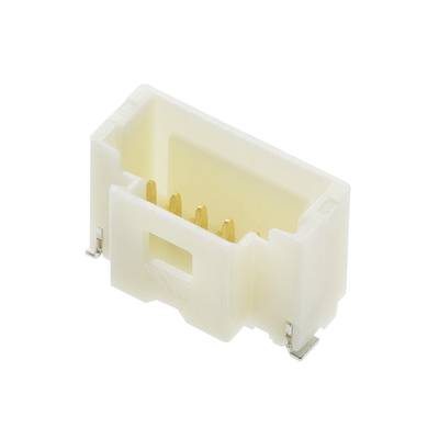 Biały wtyk plastikowy z pięcioma złotymi stykami. Stosowany do połączeń elektronicznych.