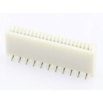 Biały elektroniczny złącze z wieloma metalowymi stykami, przedstawione pod skosnym kątem. Przeznaczone do płytek drukowanych.