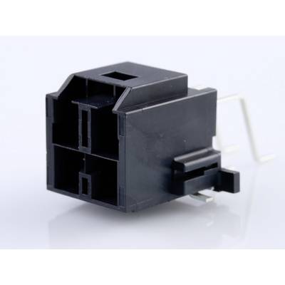 Czarne elektryczne obudowa złącza z czterema prostokątnymi otworami i bocznymi stykami metalowymi na jasnym tle.