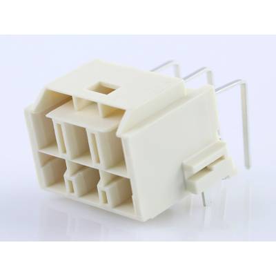 Biały złącze elektryczne z wieloma stykami, widziany z boku, ukazujący otwory i metalowe piny do połączeń elektrycznych.