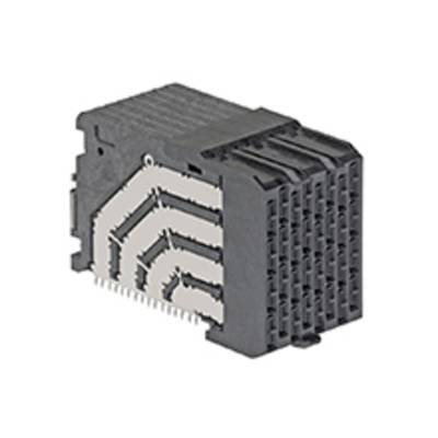Plastikowe złącze wielostykowe do połączeń elektronicznych, w kolorze czarnym, o prostokątnym kształcie z bocznymi paskami montażowymi.