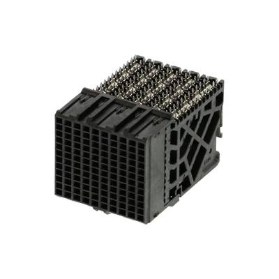 Prostokątny, czarny złącz z wieloma metalowymi stykami, odpowiedni do urządzeń elektronicznych, na białym tle.