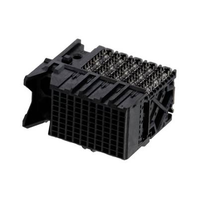 Czarny elektryczny złącze z wieloma rzędami metalowych pinów, odpowiedni do przemysłowych zastosowań elektrycznych.