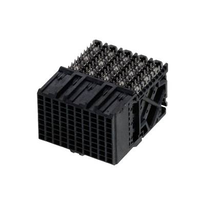 Czarny elektroniczny złącze z licznymi metalowymi stykami, o prostokątnym kształcie, stosowany w urządzeniach elektronicznych do przesyłu danych.