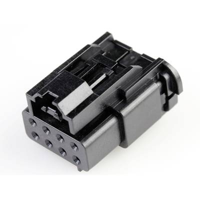 Czarny wtyk plastikowy z wieloma okrągłymi otworami, przedstawiony pod kątem. Używany do podłączania urządzeń elektronicznych.