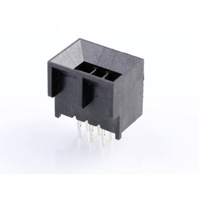 Czarny wtyk plastikowy, prostokątny, z sześcioma stykami metalowymi. Stosowany do połączeń elektronicznych.