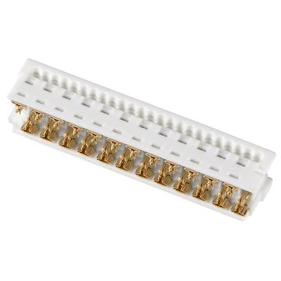 Biały wtyk plastikowy ze stykami złoconymi w dwóch rzędach, używany do połączeń w urządzeniach elektronicznych.