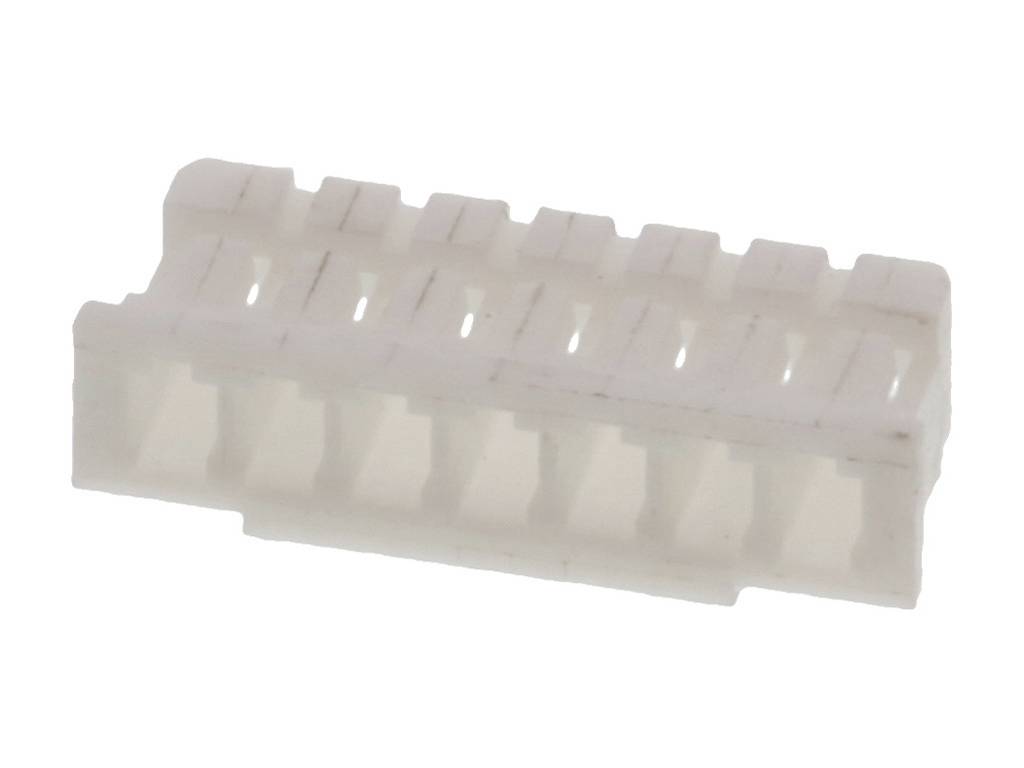 Biały wtyk plastikowy z wieloma gniazdami do połączeń elektronicznych.