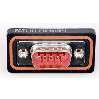 Prostokątna wtyczka elektryczna z dziewięcioma metalowymi stykami i pomarańczowym uszczelnieniem, z wytłoczonym oznakowaniem na górnej powierzchni.