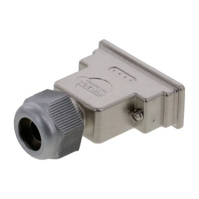 Metalowy adapter wtykowy z karbowanym złączem i prostokątną obudową, odpowiedni do przemysłowych rozwiązań połączeniowych.