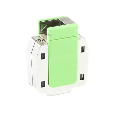 Zielony elektryczny adapter na srebrnej obudowie, urządzenie przyłączeniowe do szyny DIN, prezentujący boczne wyjścia i metalowy zacisk u góry.