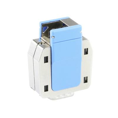 Niebieski, prostokątny adapter z tworzywa sztucznego z metalową ramą. Przeznaczony do montażu na szynie DIN, stosowany w instalacjach elektrycznych.
