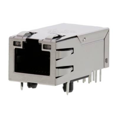 Metalowy złącz RJ45 Ethernet z widocznymi stykami i zaciskami mocującymi. Odpowiedni do połączeń sieciowych.