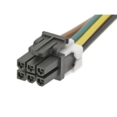Czarny, sześciobiegunowy wtyk elektryczny otoczony kolorowymi przewodami: brązowym, żółtym, zielonym i czarnym.